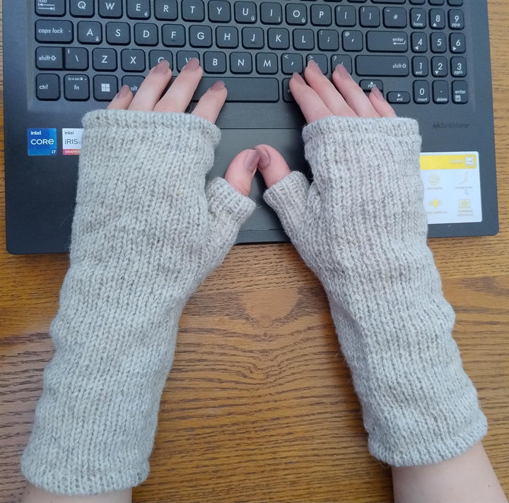 Wool Knit Fleece Lined  Wrist Warmers - Plain Cream