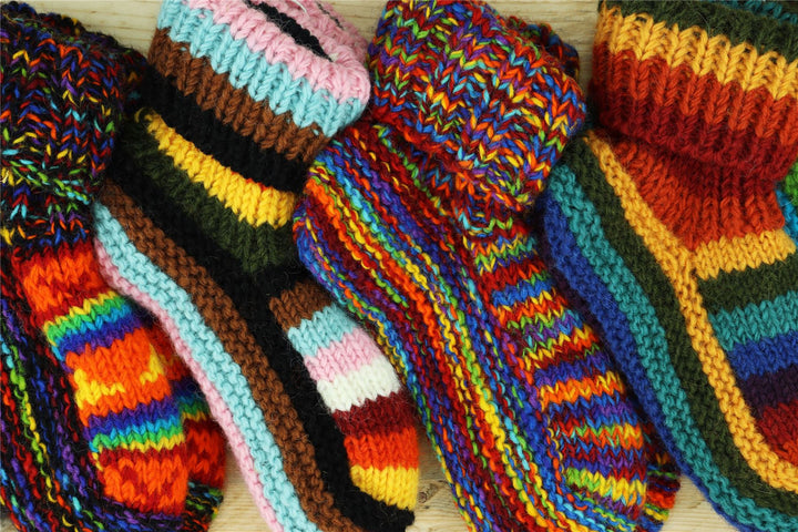 Hand Knitted Wool Slipper Socks - Stripe Progress Rainbow