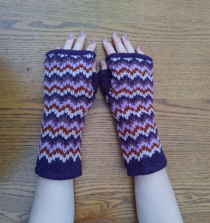 Wool Knit Fleece Lined  Wrist Warmers - Zig Zag Purple