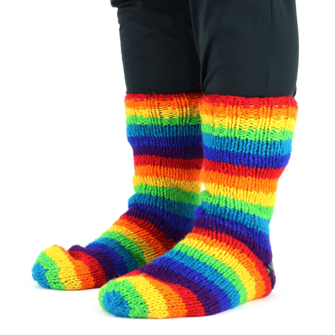 Hand Knitted Wool Slipper Socks Lined - Stripe Rainbow 1