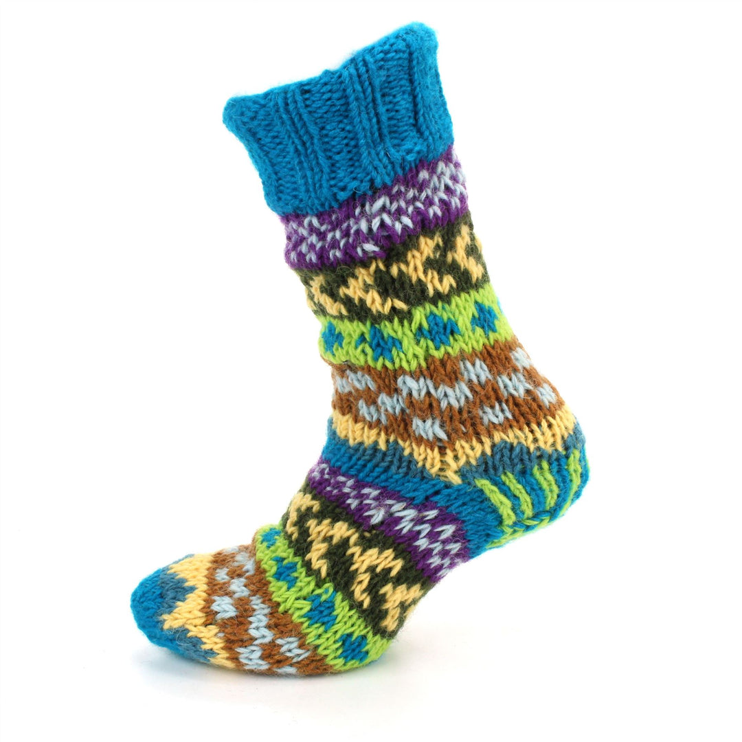 Hand Knitted Wool Slipper Socks Lined - Chevron Blue