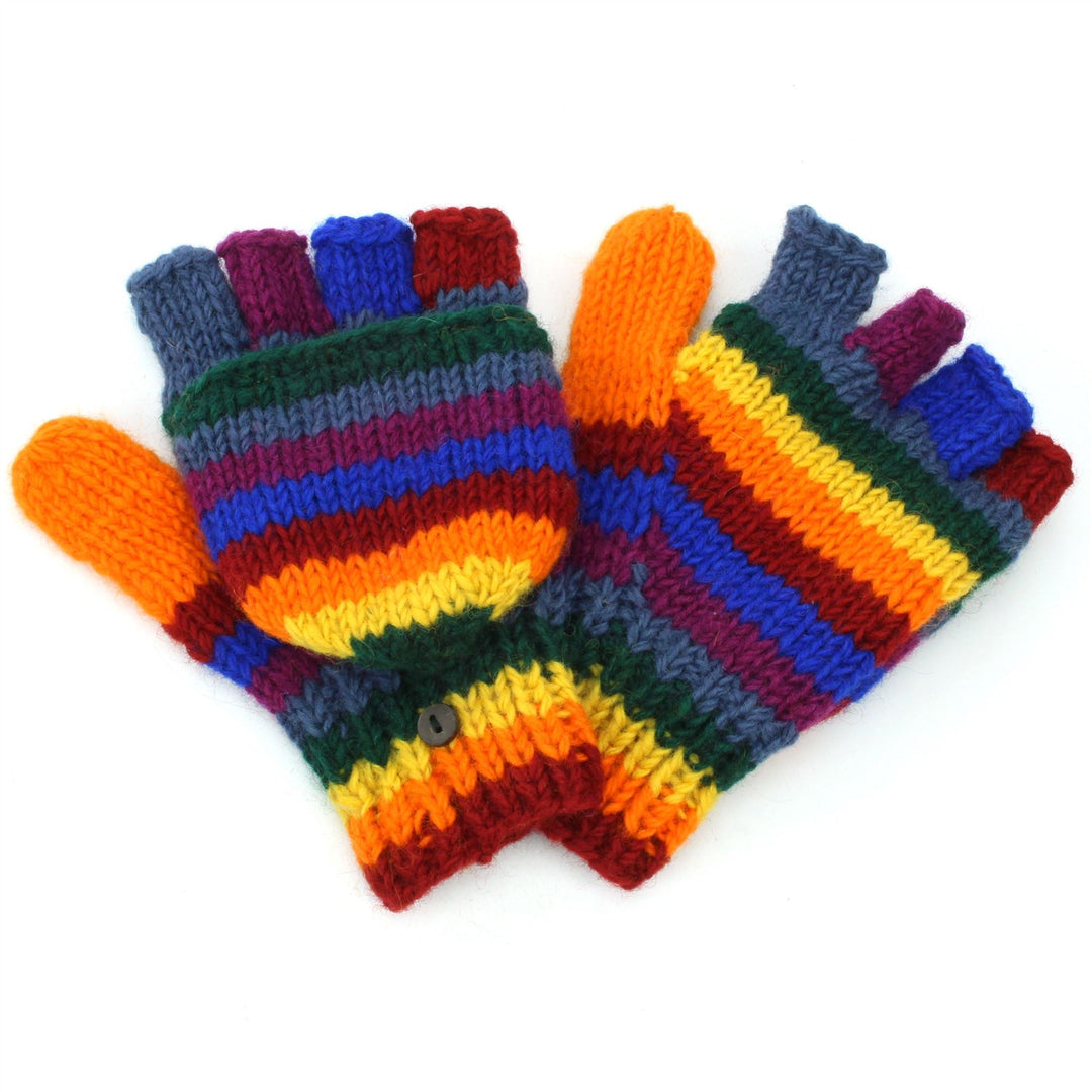 Hand Knitted Wool Shooter Gloves - Stripe Rainbow