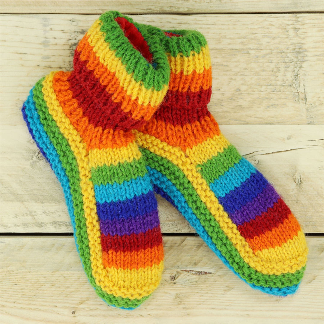 Hand Knitted Wool Slipper Socks - Stripe Bright Rainbow