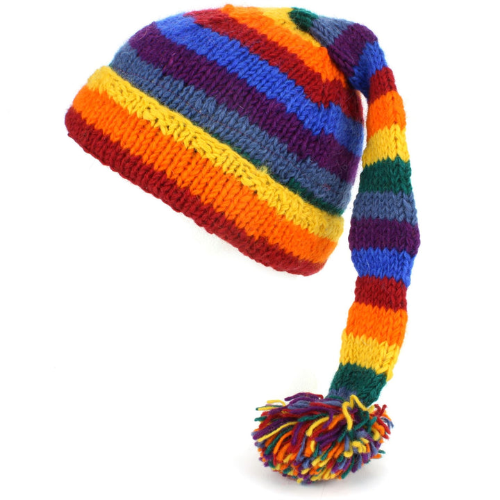 Wool Knit Tail Beanie Hat - Rainbow