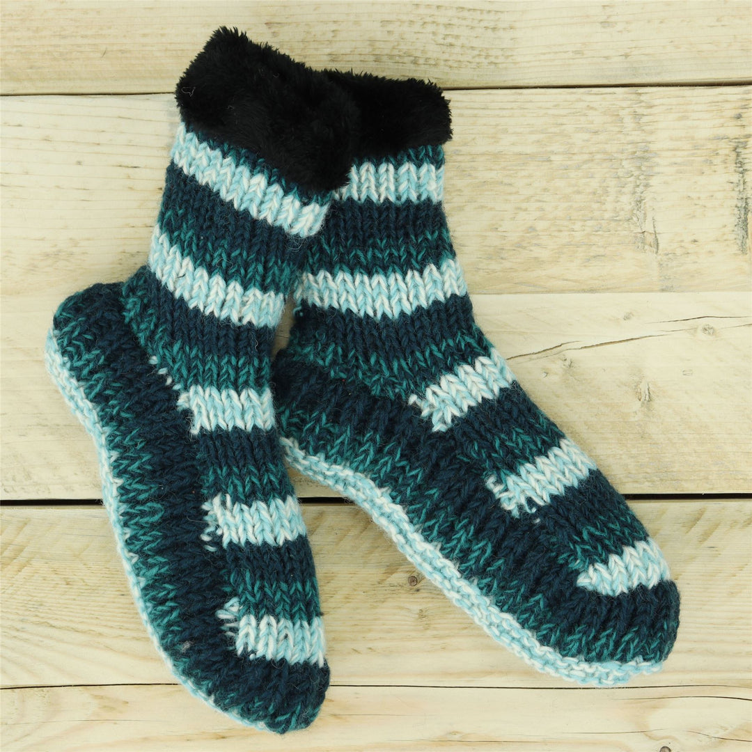 Hand Knitted Wool Slipper Socks - SD Teal