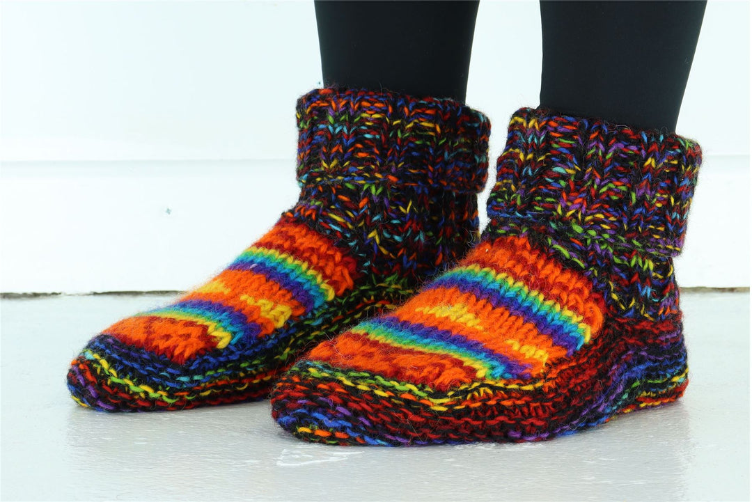 Hand Knitted Wool Slipper Socks - SD Black Rainbow Orange