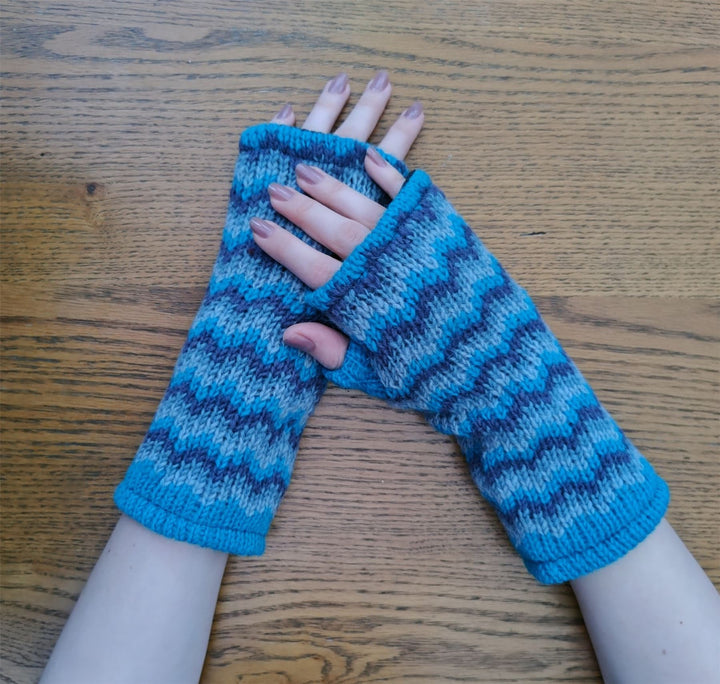 Wool Knit Fleece Lined  Wrist Warmers - Zig Zag Blue