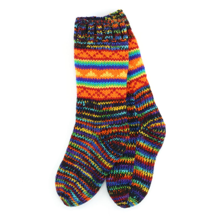 Hand Knitted Wool Slipper Socks - SD Black Rainbow Orange