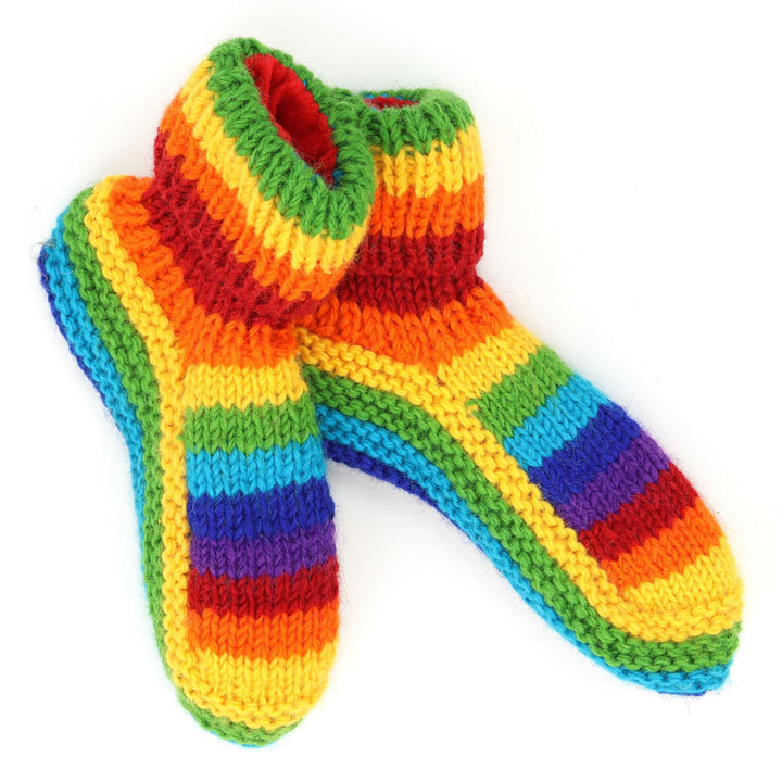 Hand Knitted Wool Slipper Socks - Stripe Bright Rainbow