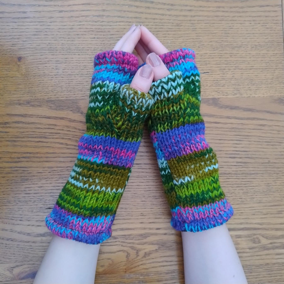 Wool Knit Fleece Lined  Wrist Warmers - SD Green Pink