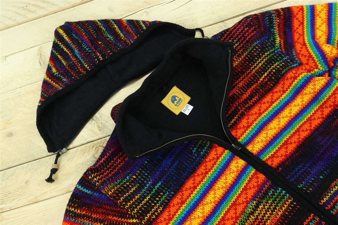 Hand Knitted Wool Hooded Jacket Cardigan - SD Black Rainbow Orange