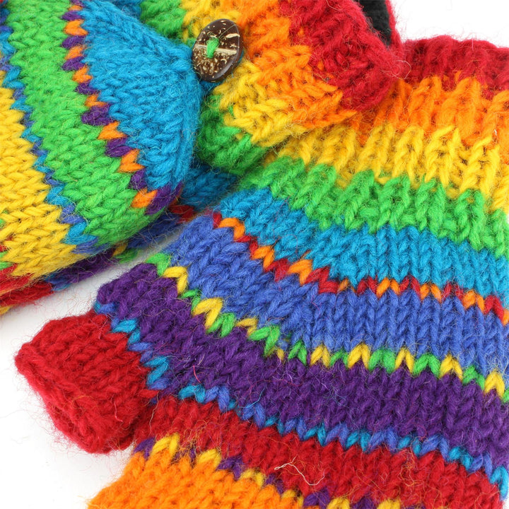 Chunky Wool Knit Fingerless Shooter Gloves - Stripe - Rainbow