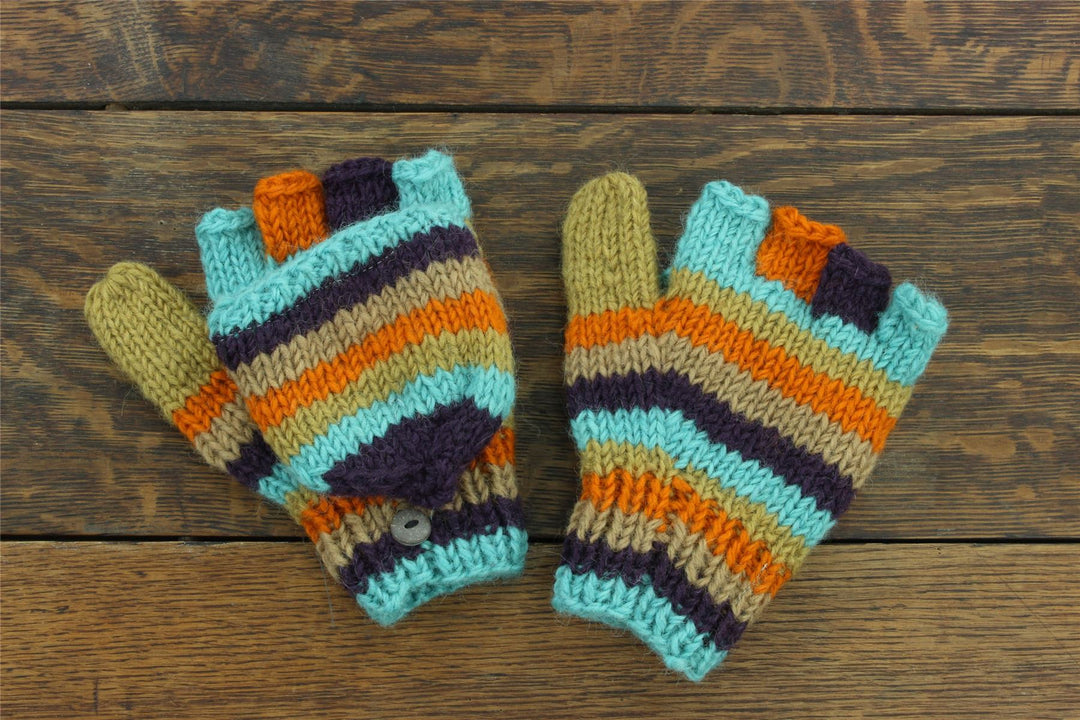 Hand Knitted Wool Shooter Gloves - Stripe Retro A