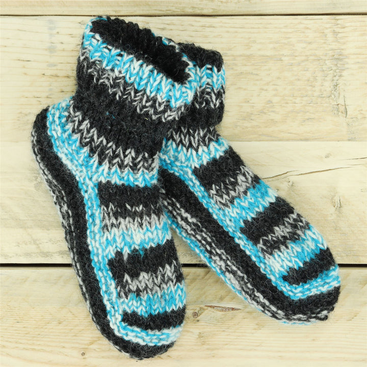 Hand Knitted Wool Slipper Socks - SD Light Blue Charcoal