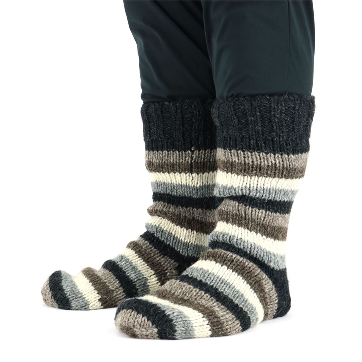 Hand Knitted Wool Slipper Socks - Stripe Natural