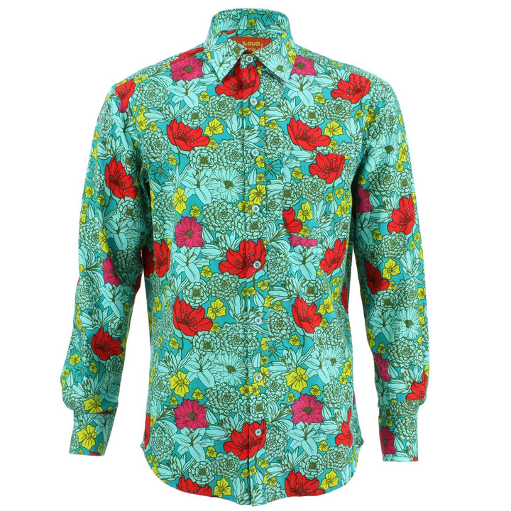 Regular Fit Long Sleeve Shirt - Green & Red Abstract Floral