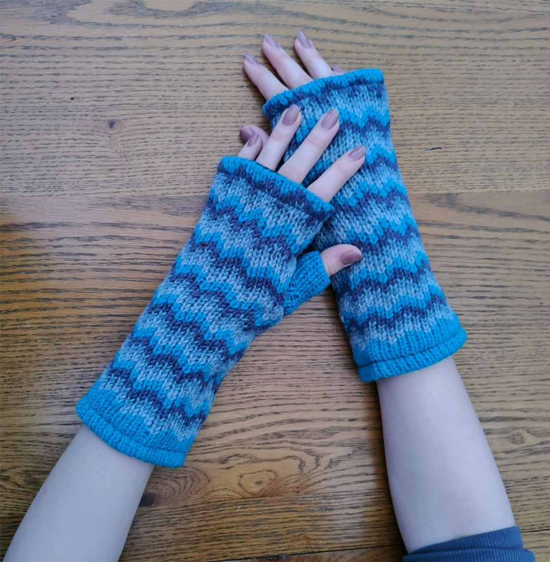 Wool Knit Fleece Lined  Wrist Warmers - Zig Zag Blue