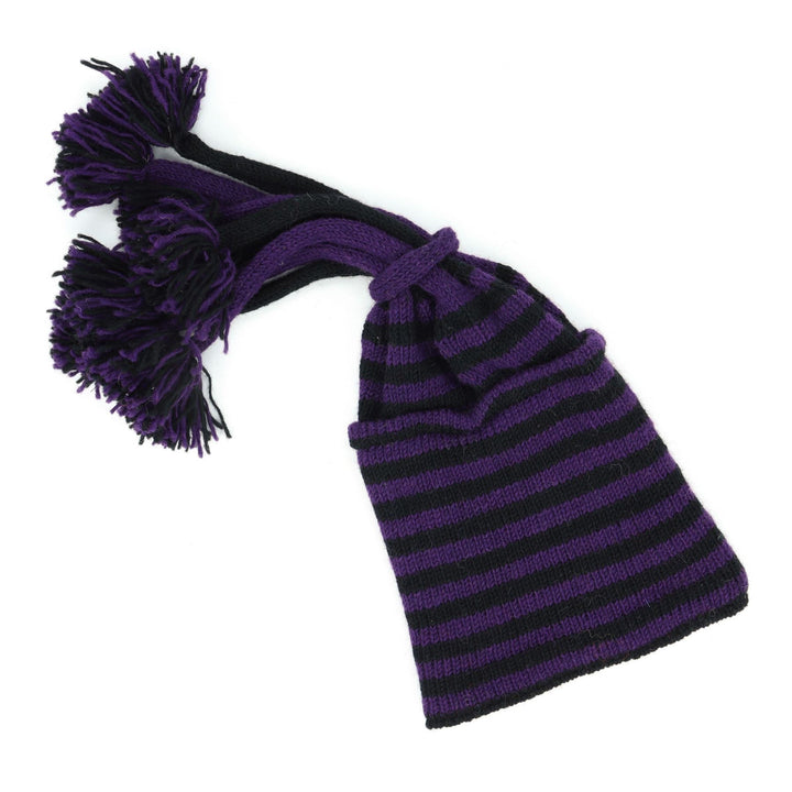 Hand Knitted Beanie Fountain Tassel Hat - Stripe Purple Black