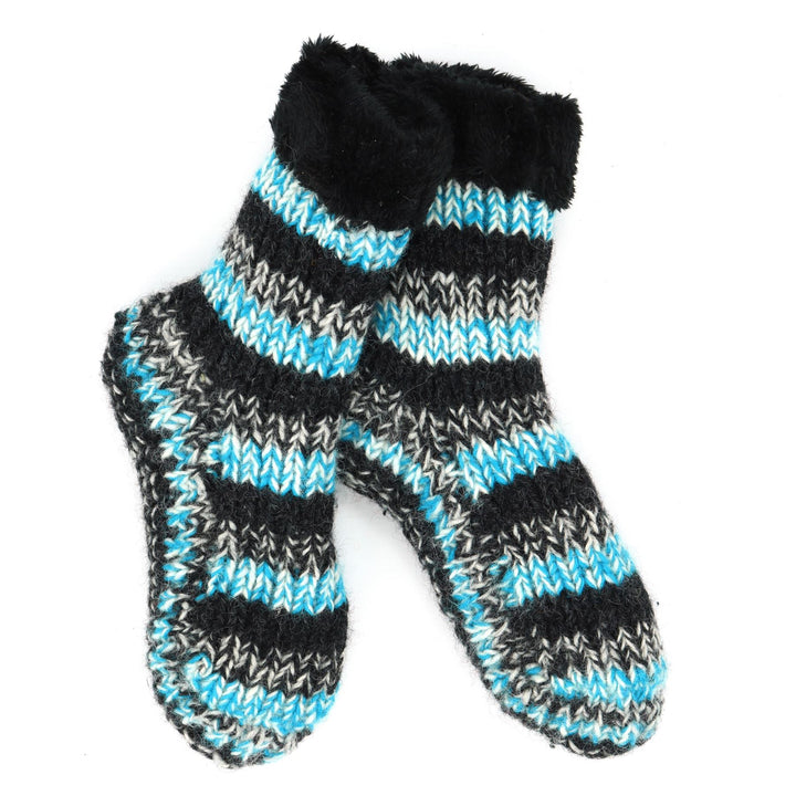 Hand Knitted Wool Slipper Socks - SD Light Blue Charcoal