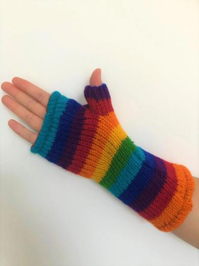 Wool Knit Fleece Lined  Wrist Warmers - Rainbow Stripe