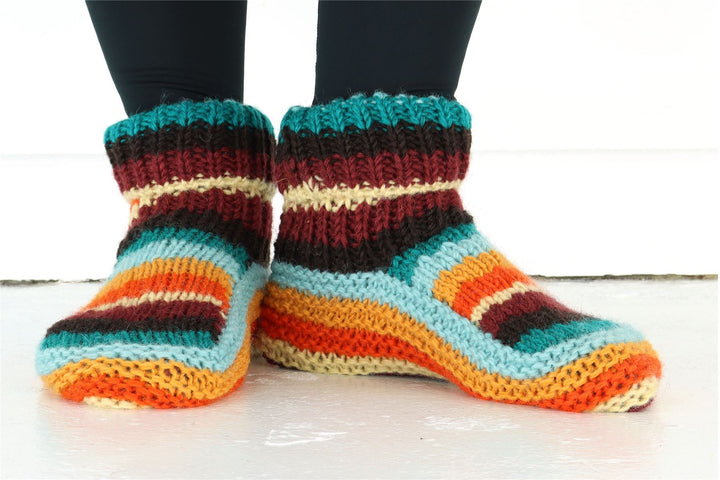 Hand Knitted Wool Slipper Socks - Stripe Retro D