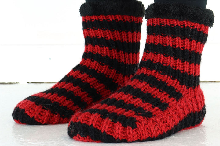 Hand Knitted Wool Slipper Socks - Stripe Red Black