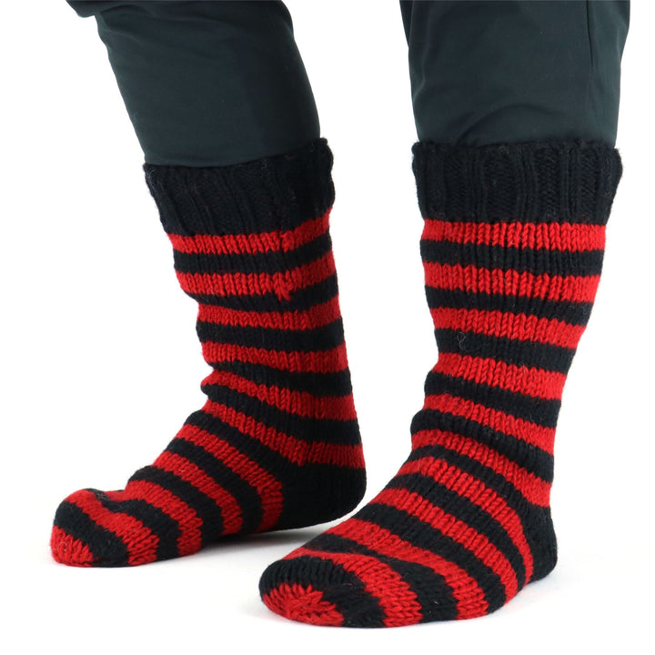 Hand Knitted Wool Slipper Socks - Stripe Red Black