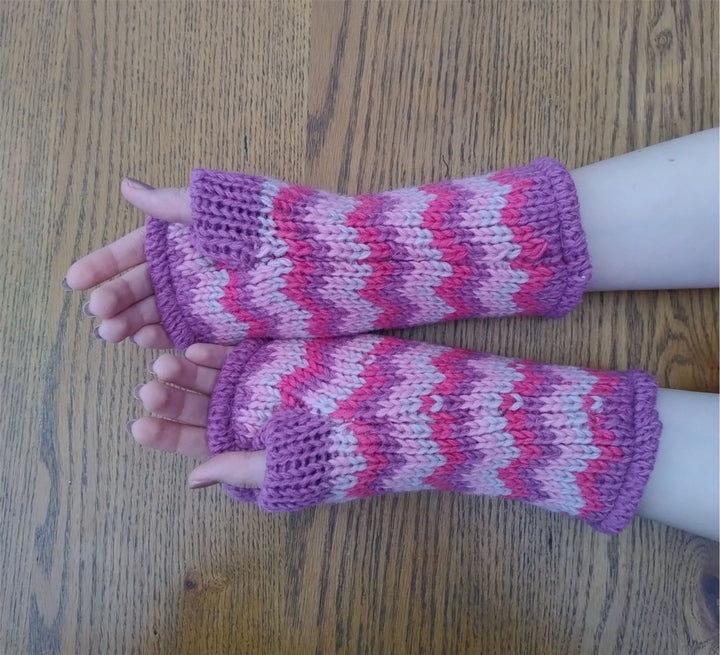 Wool Knit Fleece Lined  Wrist Warmers - Zig Zag Pink