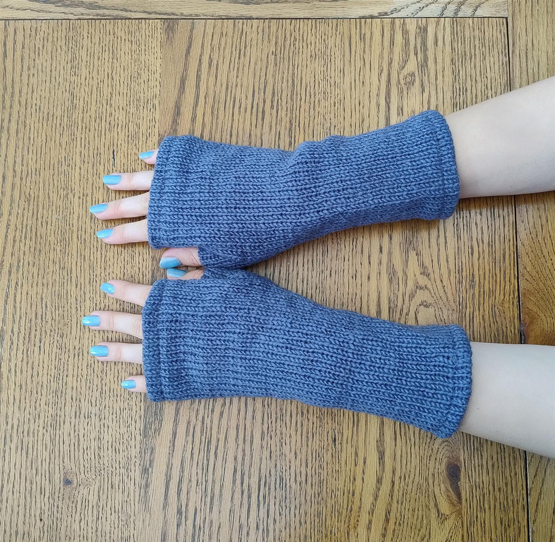 Wool Knit Fleece Lined  Wrist Warmers - Plain Grey Blue