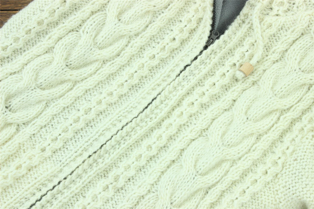 Handmade Wool Cable Knit Hooded Jacket - Cream