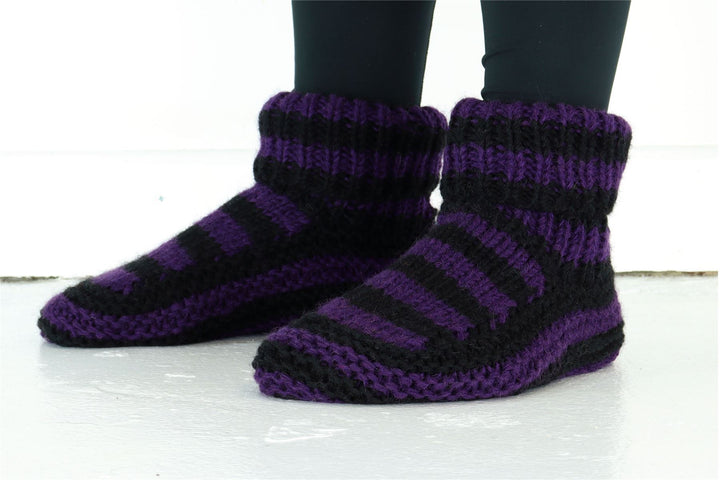 Hand Knitted Wool Slipper Socks - Stripe Purple Black