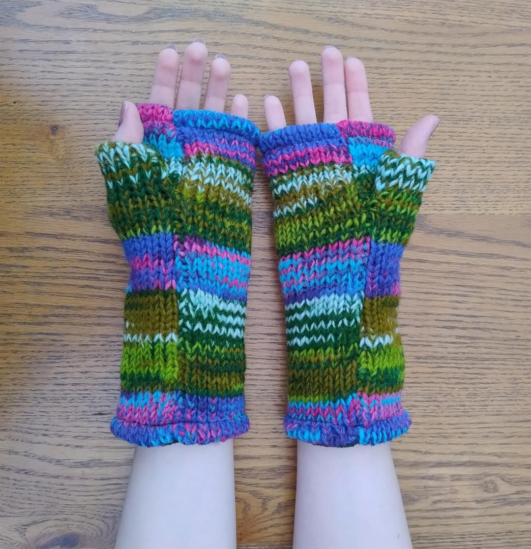 Wool Knit Fleece Lined  Wrist Warmers - SD Green Pink