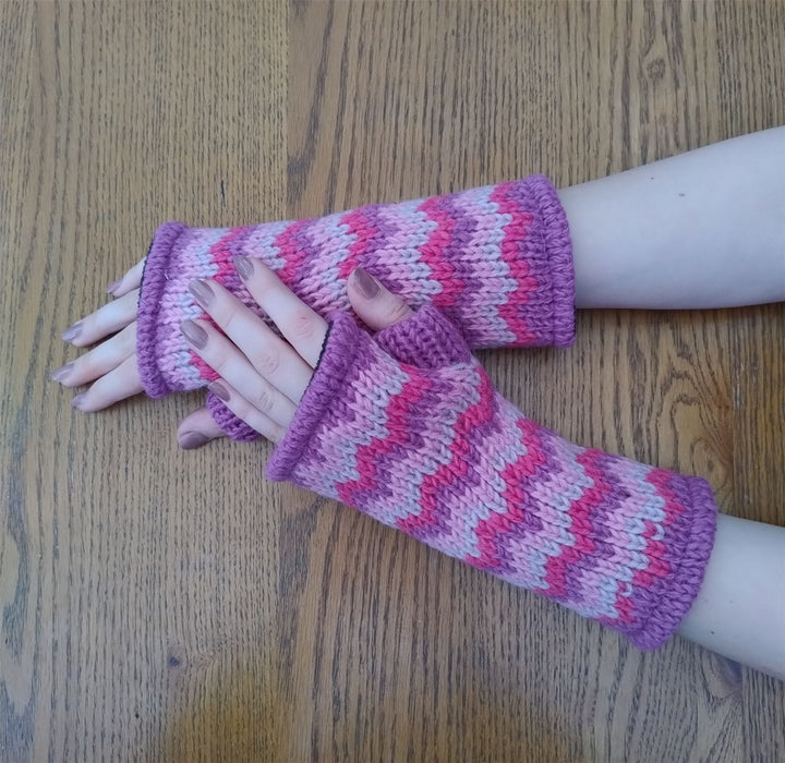 Wool Knit Fleece Lined  Wrist Warmers - Zig Zag Pink