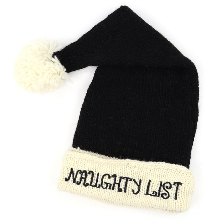 Hand Knitted Wool Christmas Beanie Hat - Naughty List Black