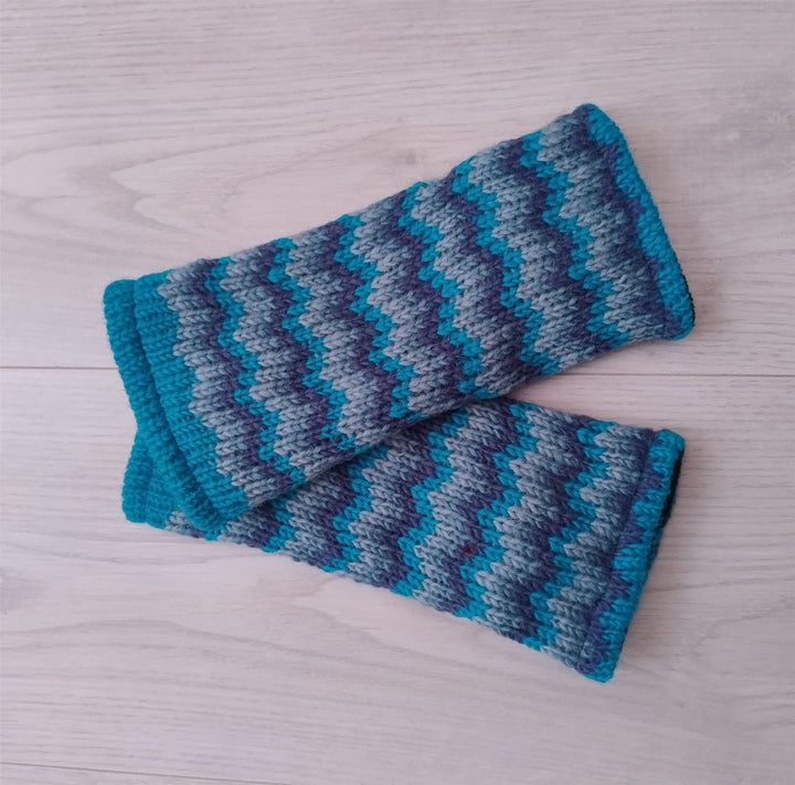 Wool Knit Fleece Lined  Wrist Warmers - Zig Zag Blue