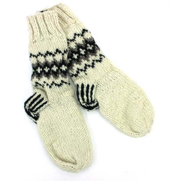 Hand Knitted Wool Slipper Socks Lined - Fairisle Cream