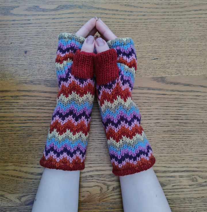 Wool Knit Fleece Lined  Wrist Warmers - Zig Zag Multi