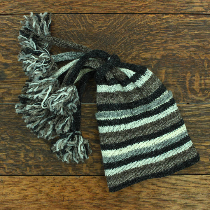 Hand Knitted Beanie Fountain Tassel Hat - Stripe Natural