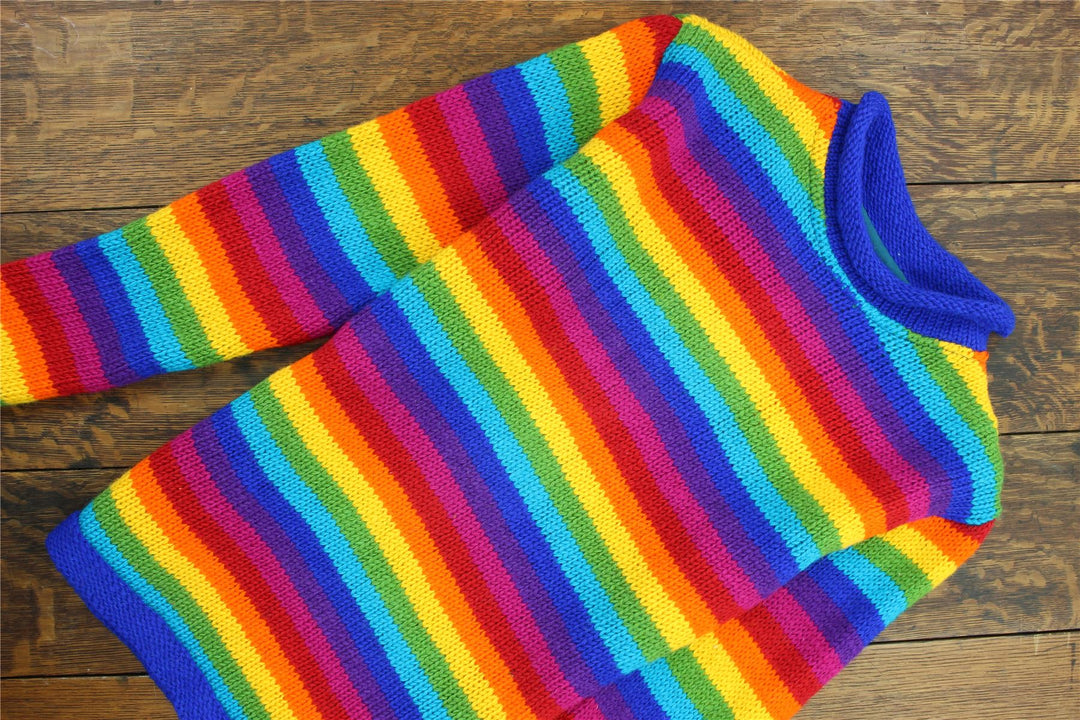 Hand Knitted Wool Jumper - Stripe Bright Rainbow