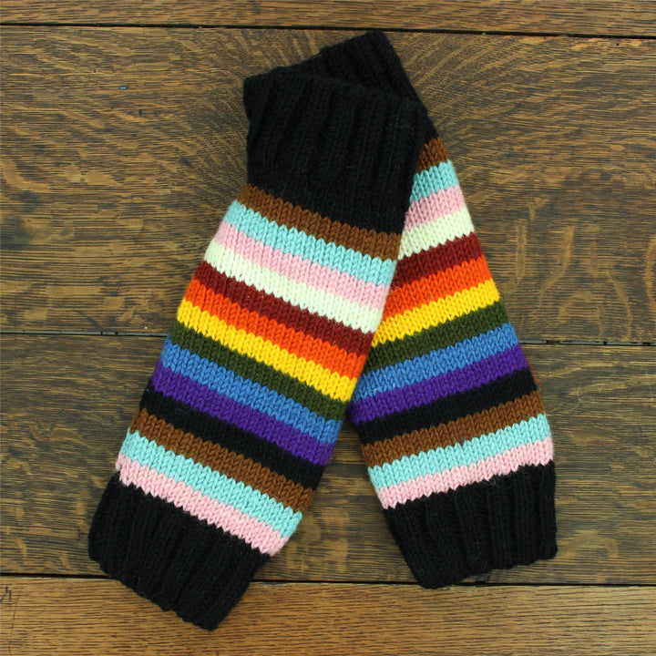 Hand Knitted Wool Leg Warmers - Stripe Progress Rainbow