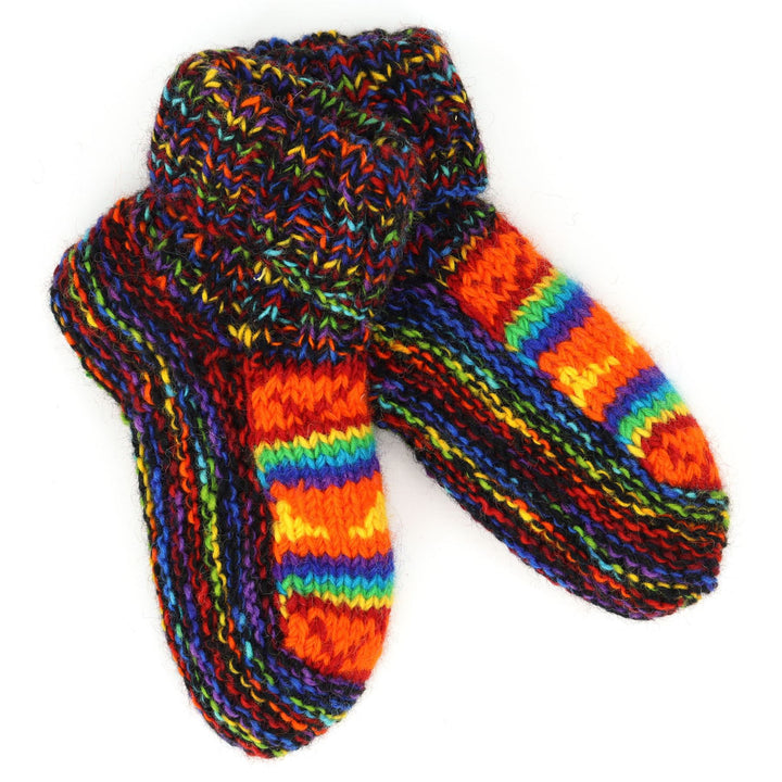 Hand Knitted Wool Slipper Socks - SD Black Rainbow Orange