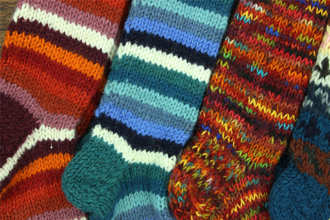 Hand Knitted Wool Long Socks - Stripe Rust