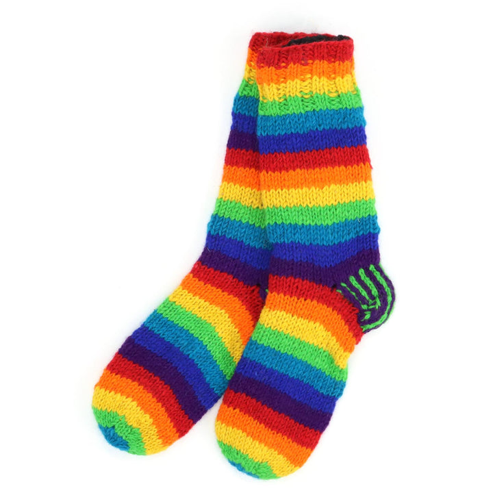 Hand Knitted Wool Slipper Socks Lined - Stripe Rainbow 1