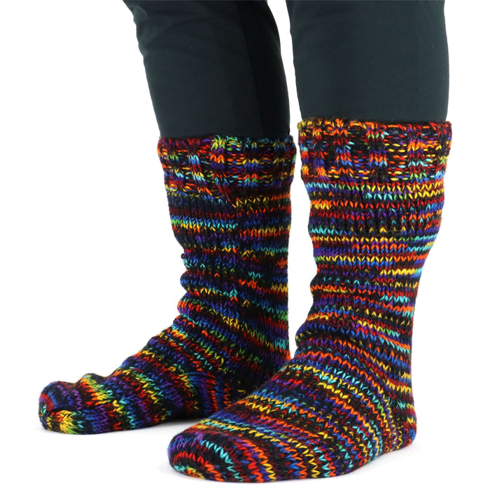 Hand Knitted Wool Slipper Socks - SD Black Rainbow