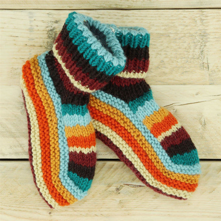 Hand Knitted Wool Slipper Socks - Stripe Retro D