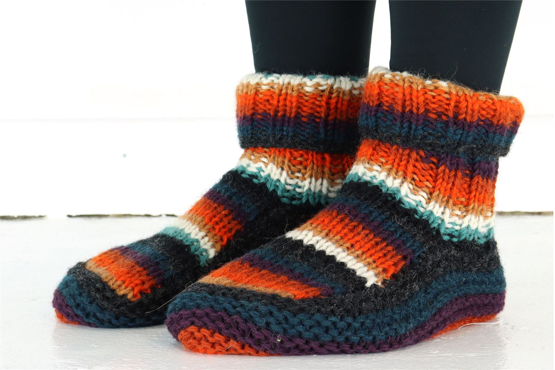 Hand Knitted Wool Slipper Socks - Stripe Anu