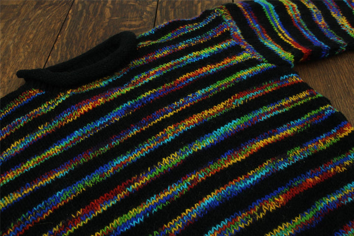 Chunky Wool Knit Jumper - Stripe Black Rainbow Space Dye