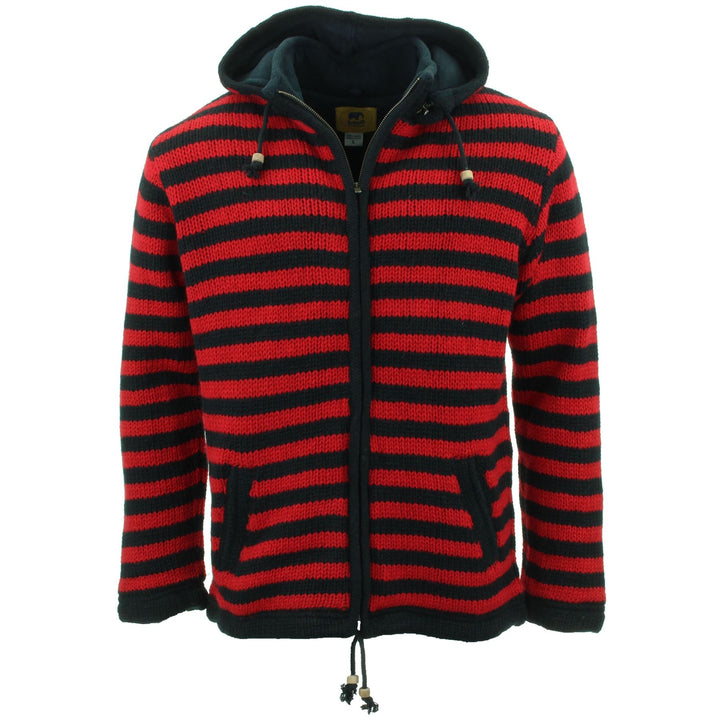 Hand Knitted Wool Hooded Jacket Cardigan - Stripe Red Black