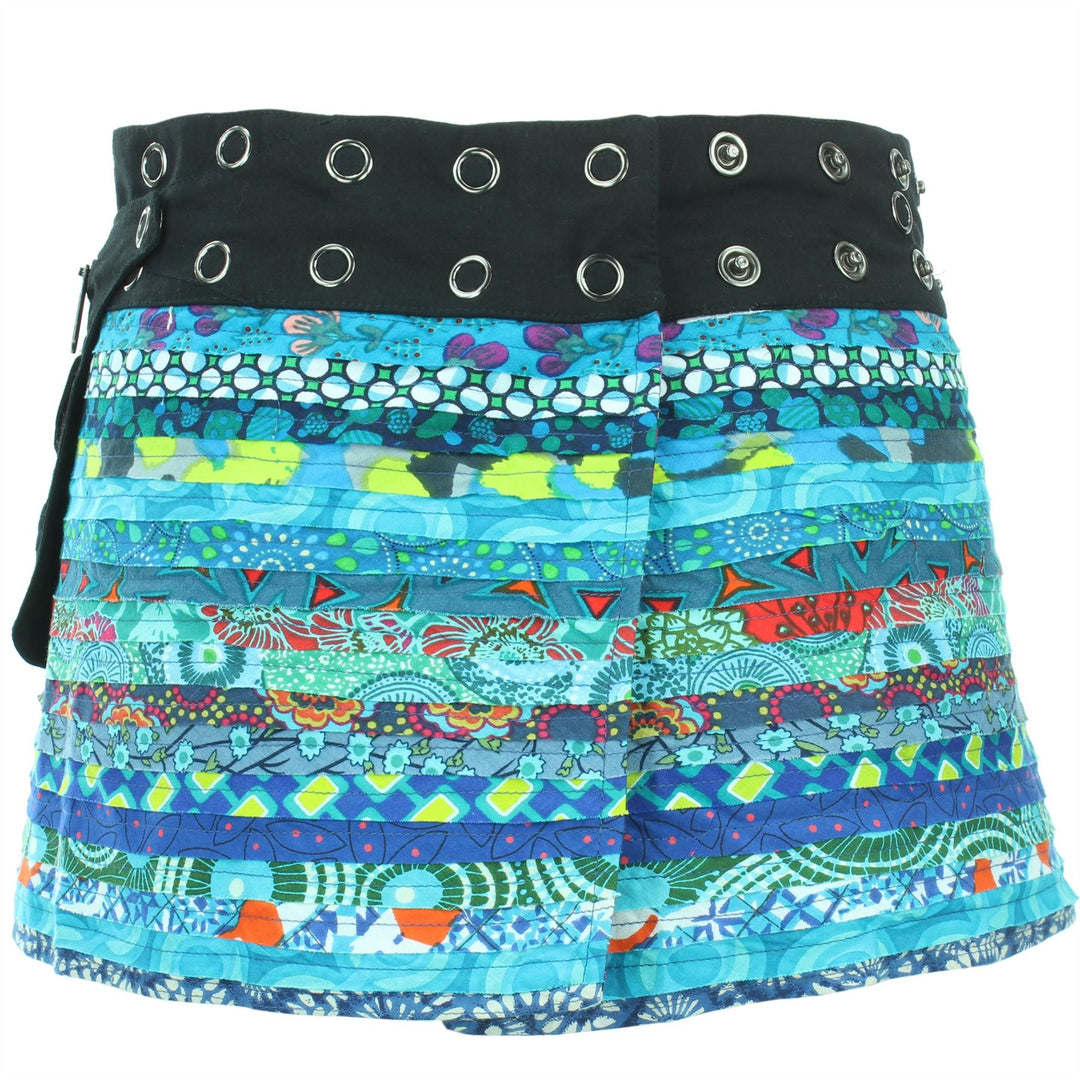 Reversible Popper Wrap Children's Size Mini Skirt - Blue Patch Strips / Diamond Block