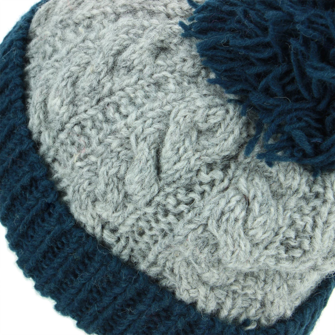 Wool Cable Knit Beanie Bobble Hat - Grey & Navy